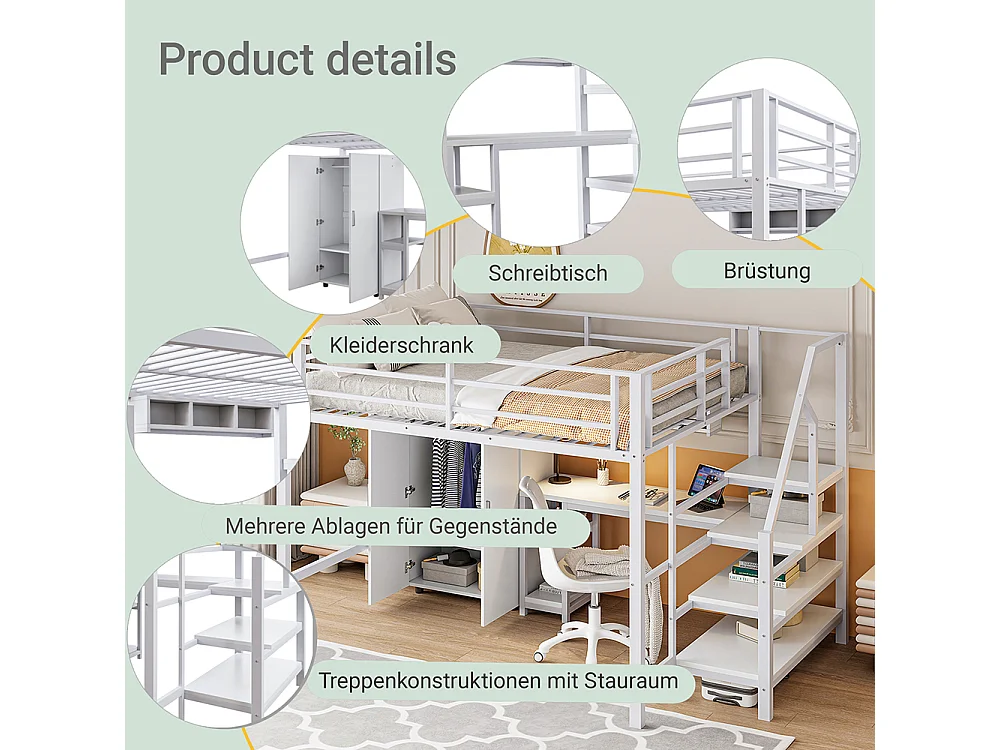 Lit mezzanine 140x200 armoire étagères échelle de rangement bureau Blanc