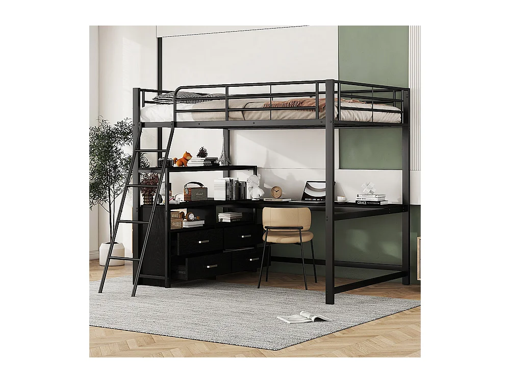Lit mezzanine enfant 140x200 lit à cadre en fer tiroirs pratiques bureau élégant en L design stratifié Noir