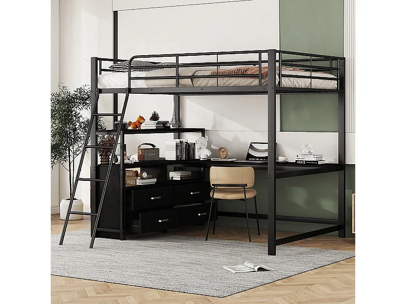 Lit mezzanine enfant 140x200 lit à cadre en fer tiroirs pratiques bureau élégant en L design stratifié Noir