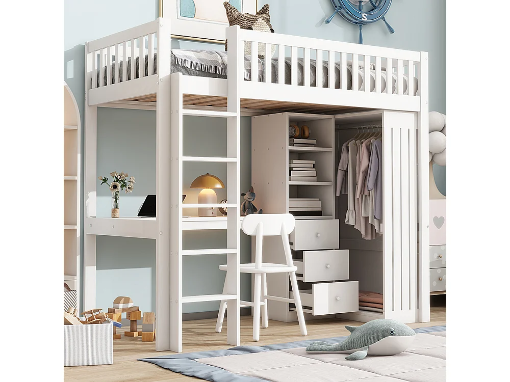 Lit mezzanine 90x200 Bureau Armoire 3 tiroirs Garde-corps Escalier Blanc