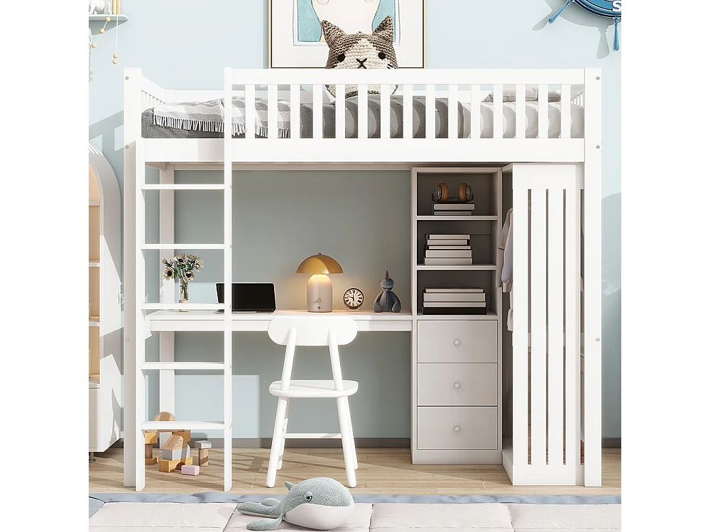 Lit mezzanine 90x200 Bureau Armoire 3 tiroirs Garde-corps Escalier Blanc