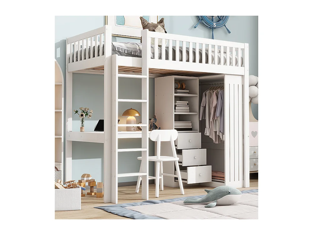 Lit mezzanine 90x200 Bureau Armoire 3 tiroirs Garde-corps Escalier Blanc