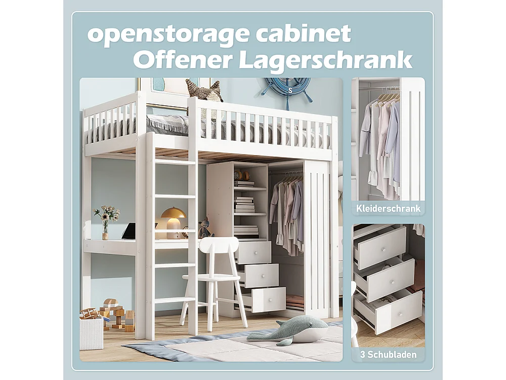 Lit mezzanine 90x200 Bureau Armoire 3 tiroirs Garde-corps Escalier Blanc