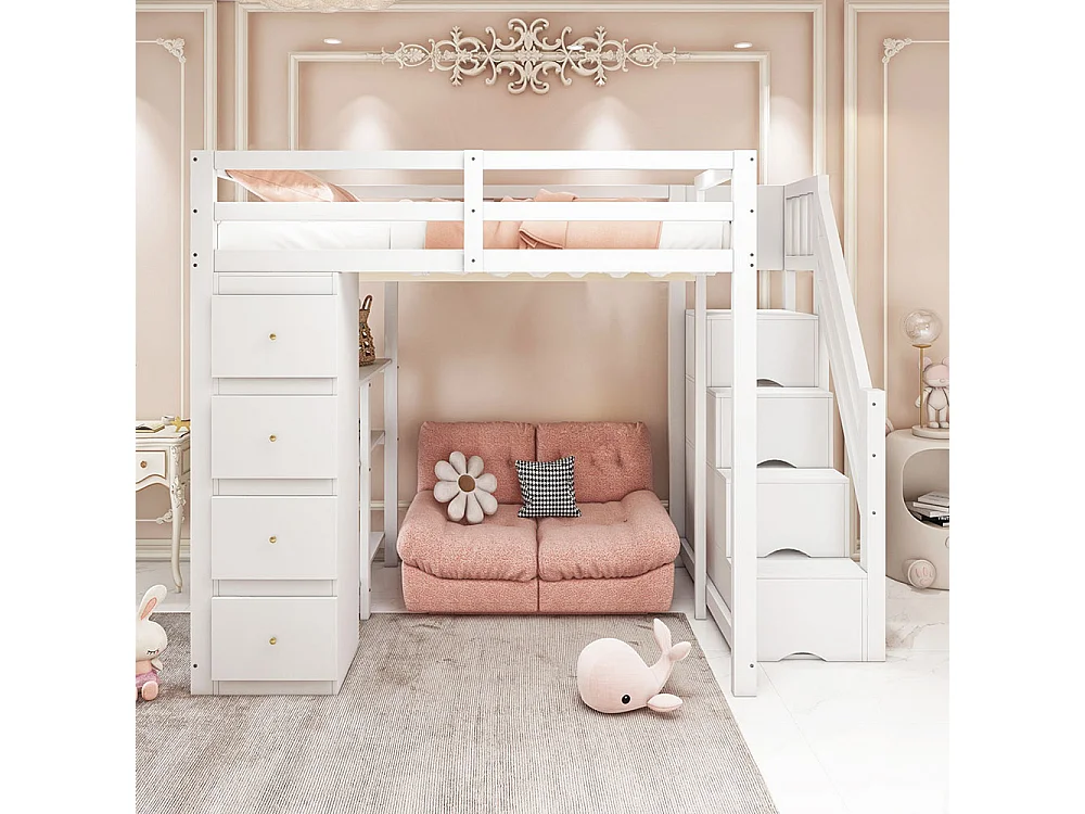 Lit mezzanine enfant 140x200 avec tiroir de rangement Commode avec étagères  échelle à grimper de sécurité Blanc