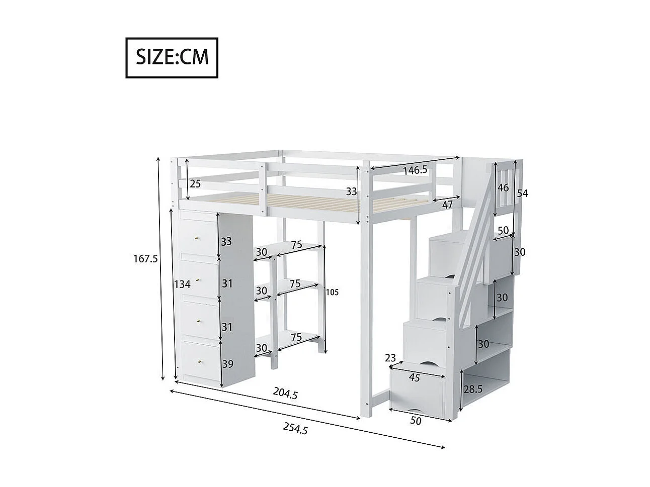 Lit mezzanine enfant 140x200 avec tiroir de rangement Commode avec étagères  échelle à grimper de sécurité Blanc