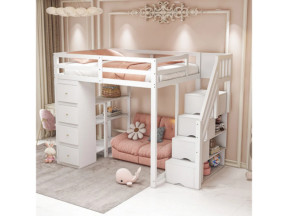 Lit mezzanine enfant 140x200 avec tiroir de rangement Commode avec étagères  échelle à grimper de sécurité Blanc