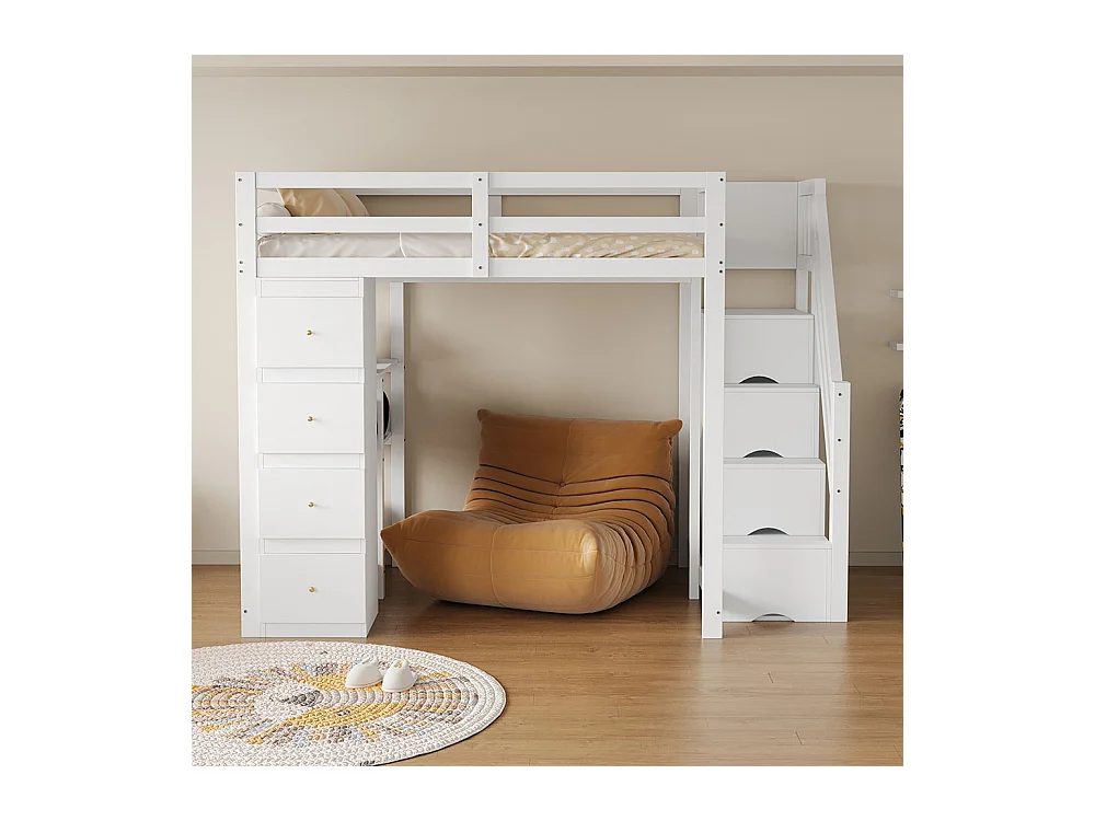 Lit mezzanine enfant 140x200 avec tiroir de rangement Commode avec étagères  échelle à grimper de sécurité Blanc