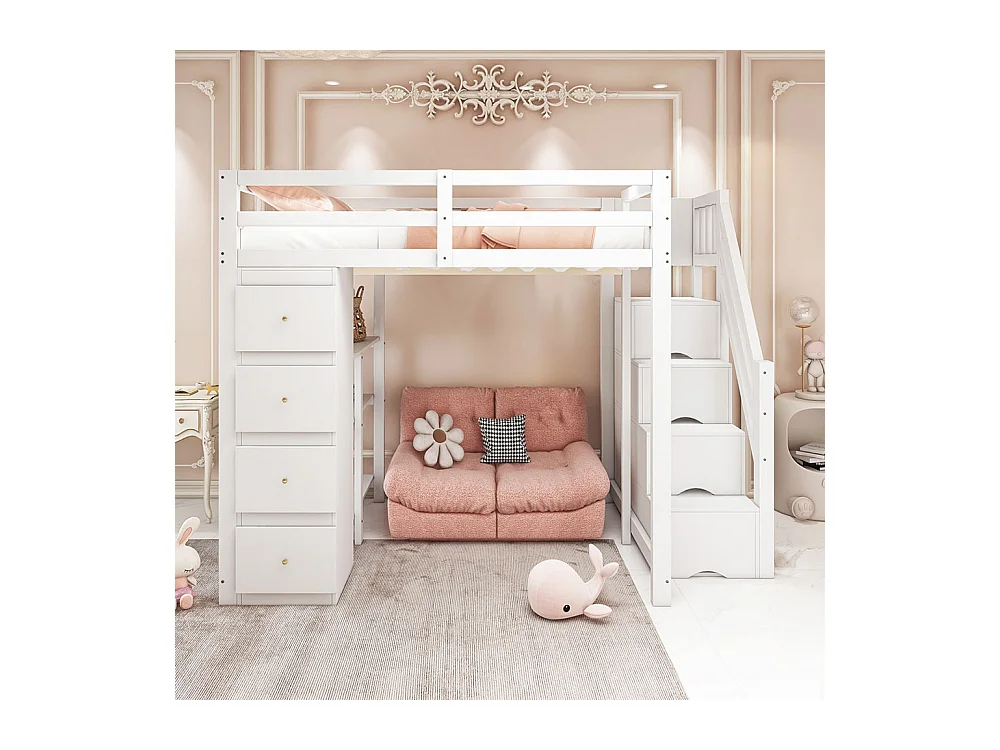 Lit mezzanine enfant 140x200 avec tiroir de rangement Commode avec étagères  échelle à grimper de sécurité Blanc