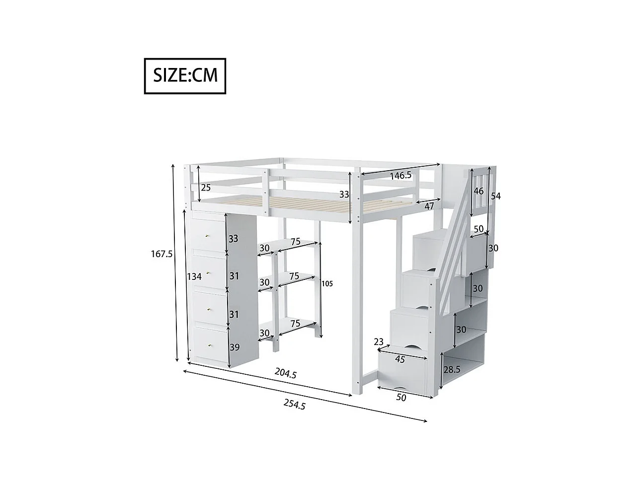 Lit mezzanine enfant 140x200 avec tiroir de rangement Commode avec étagères  échelle à grimper de sécurité Blanc