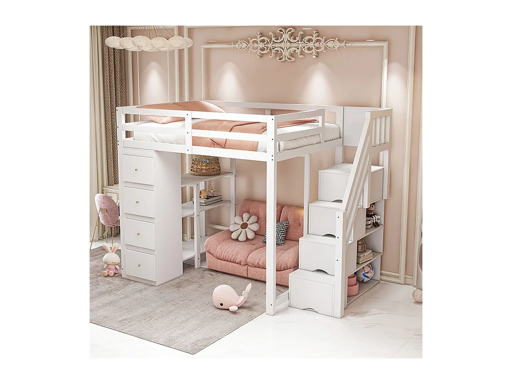 Lit mezzanine enfant 140x200 avec tiroir de rangement Commode avec étagères  échelle à grimper de sécurité Blanc