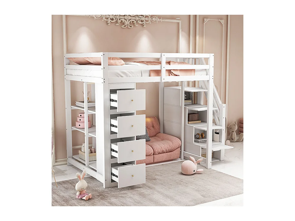 Lit mezzanine enfant 140x200 avec tiroir de rangement Commode avec étagères  échelle à grimper de sécurité Blanc