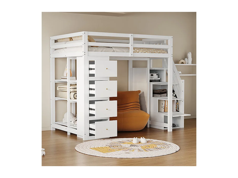 Lit mezzanine enfant 140x200 avec tiroir de rangement Commode avec étagères  échelle à grimper de sécurité Blanc
