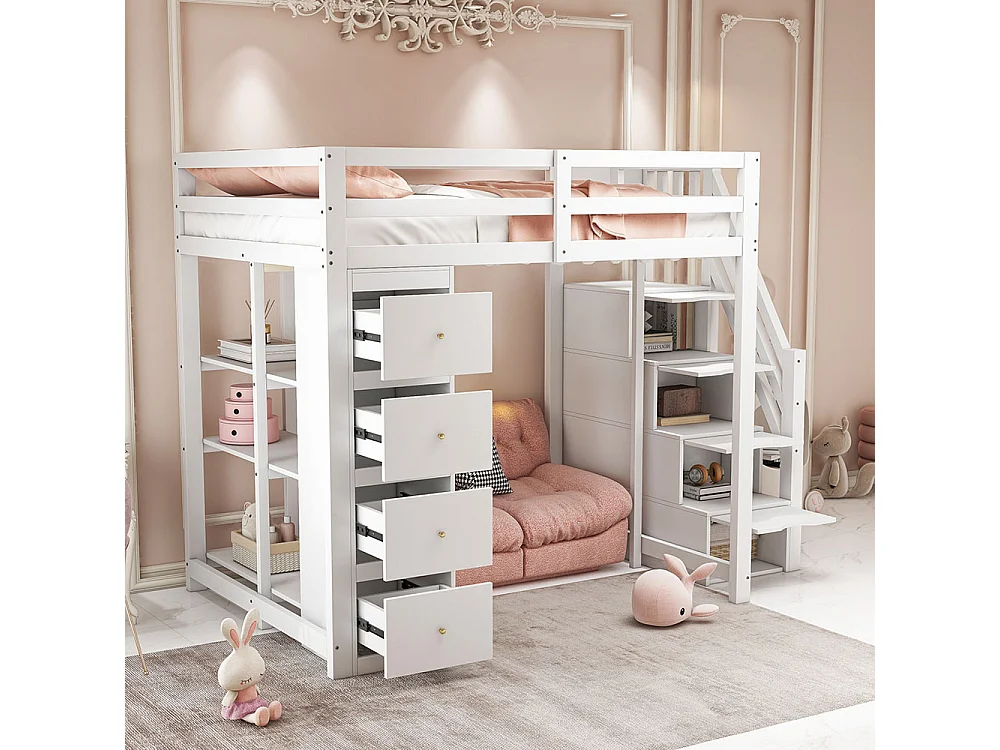 Lit mezzanine enfant 140x200 avec tiroir de rangement Commode avec étagères  échelle à grimper de sécurité Blanc