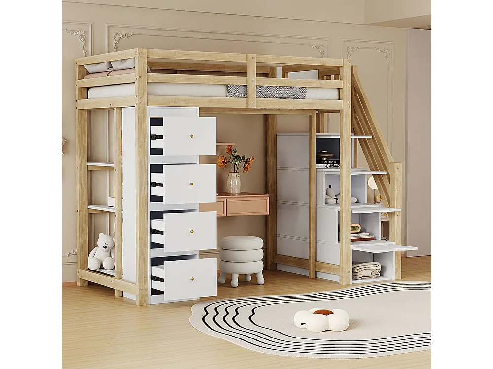 Lit mezzanine enfant 90x200 avec tiroir de rangement Commode avec étagères échelle à grimper de sécurité Couleur Bois