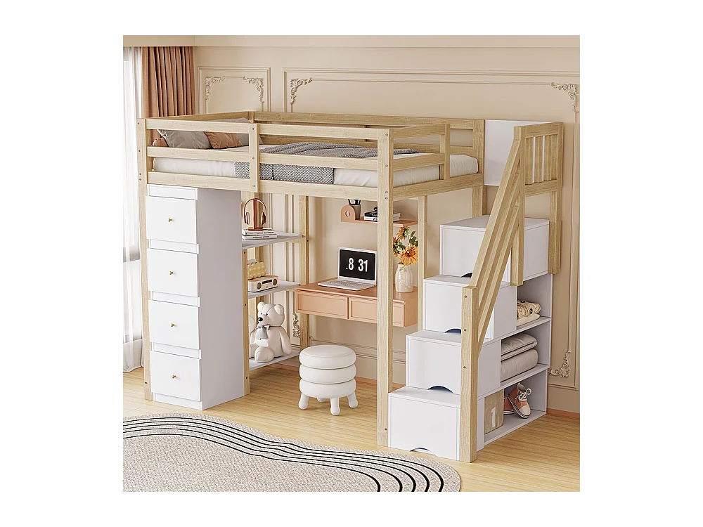 Lit mezzanine enfant 90x200 avec tiroir de rangement Commode avec étagères échelle à grimper de sécurité Couleur Bois