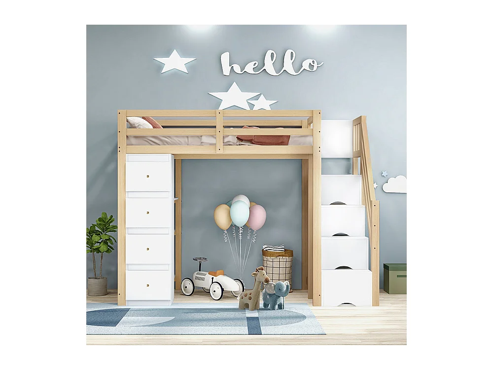 Lit mezzanine enfant 90x200 avec tiroir de rangement Commode avec étagères échelle à grimper de sécurité Couleur Bois