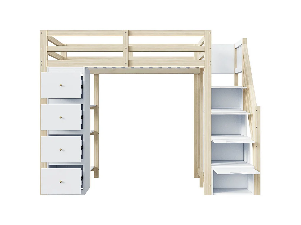 Lit mezzanine enfant 90x200 avec tiroir de rangement Commode avec étagères échelle à grimper de sécurité Couleur Bois
