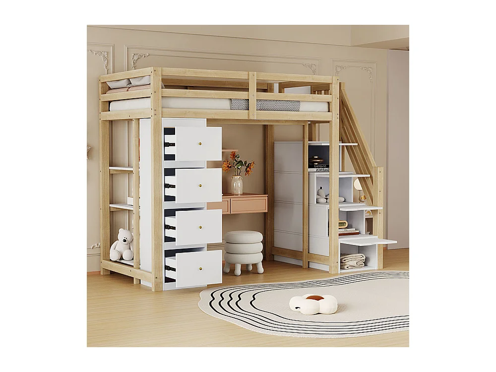 Lit mezzanine enfant 90x200 avec tiroir de rangement Commode avec étagères échelle à grimper de sécurité Couleur Bois