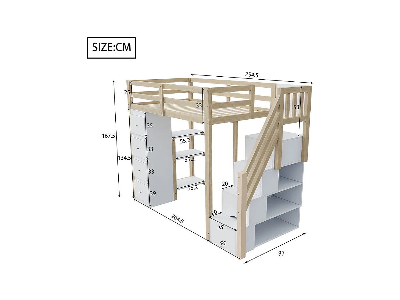 Lit mezzanine enfant 90x200 avec tiroir de rangement Commode avec étagères échelle à grimper de sécurité Couleur Bois