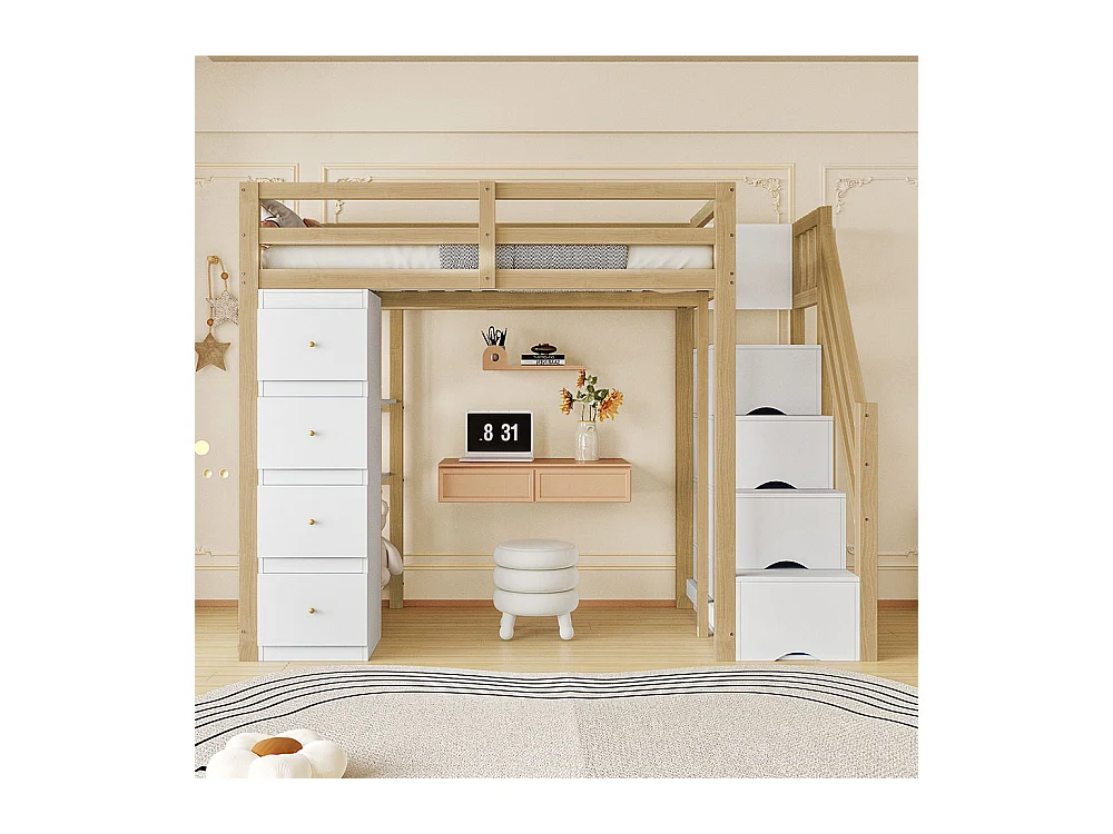 Lit mezzanine enfant 90x200 avec tiroir de rangement Commode avec étagères échelle à grimper de sécurité Couleur Bois