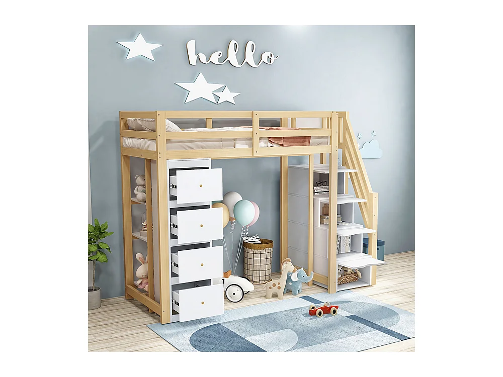 Lit mezzanine enfant 90x200 avec tiroir de rangement Commode avec étagères échelle à grimper de sécurité Couleur Bois