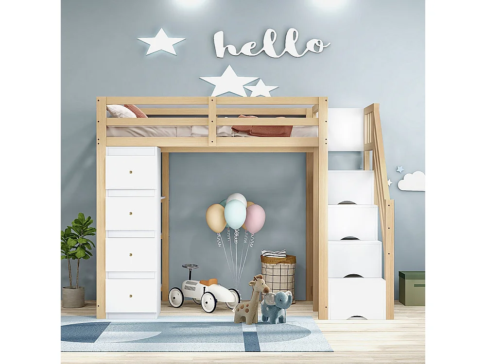 Lit mezzanine enfant 90x200 avec tiroir de rangement Commode avec étagères échelle à grimper de sécurité Couleur Bois