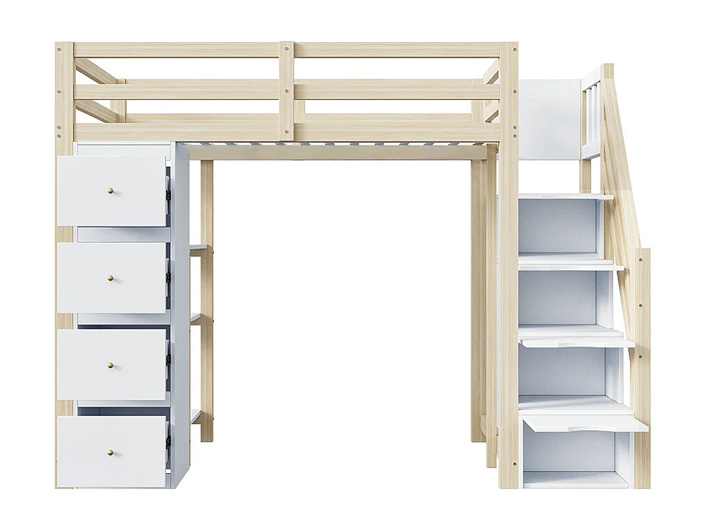 Lit mezzanine enfant 90x200 avec tiroir de rangement Commode avec étagères échelle à grimper de sécurité Couleur Bois