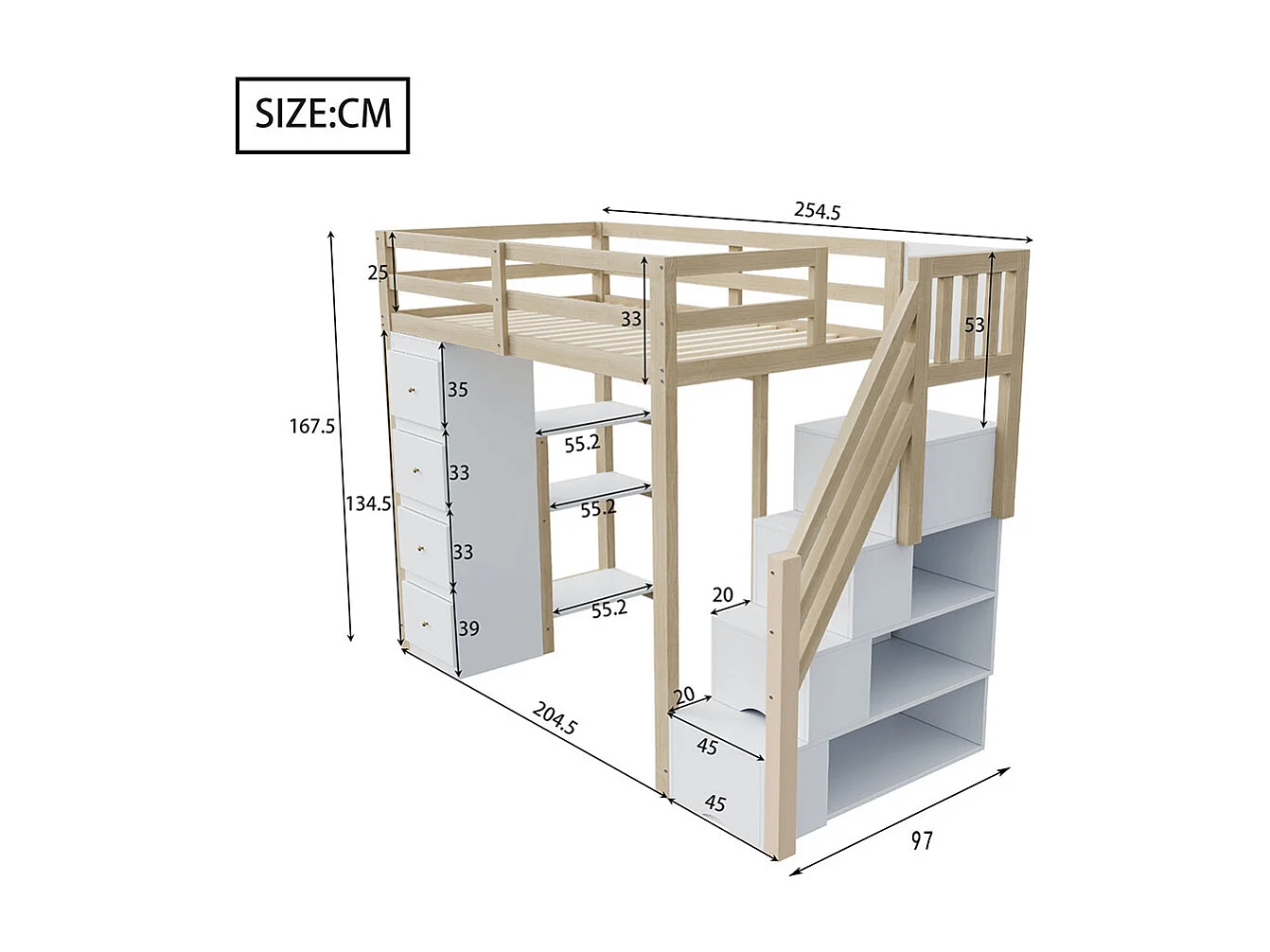 Lit mezzanine enfant 90x200 avec tiroir de rangement Commode avec étagères échelle à grimper de sécurité Couleur Bois