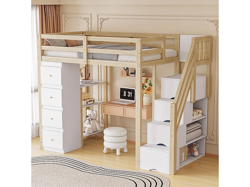 Lit mezzanine enfant 90x200 avec tiroir de rangement Commode avec étagères échelle à grimper de sécurité Couleur Bois