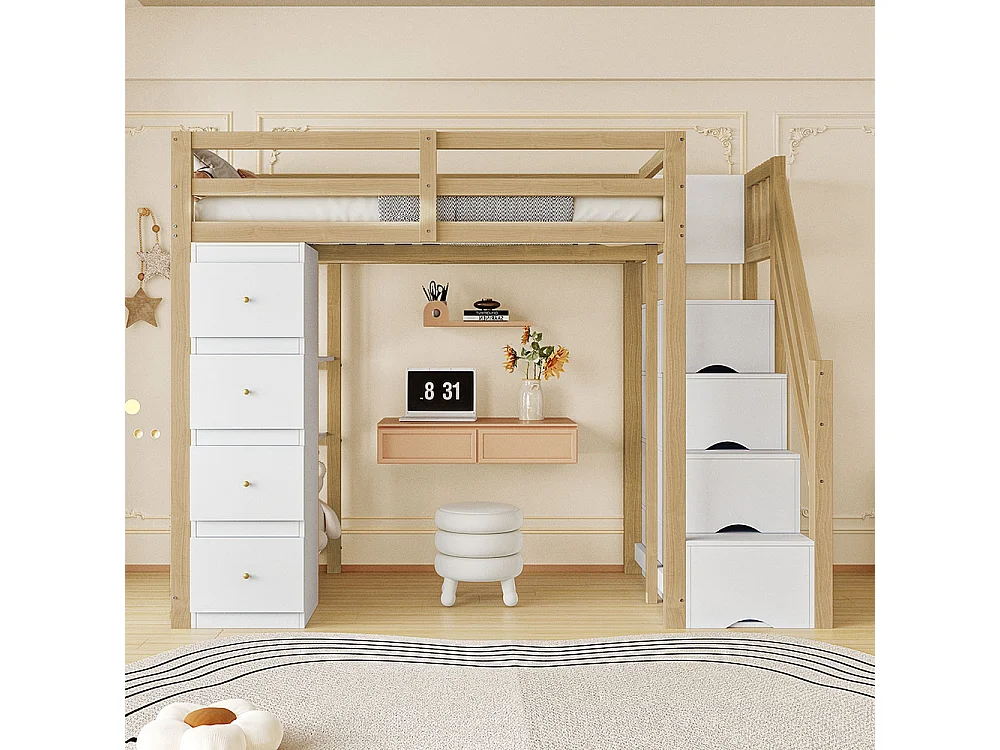 Lit mezzanine enfant 90x200 avec tiroir de rangement Commode avec étagères échelle à grimper de sécurité Couleur Bois