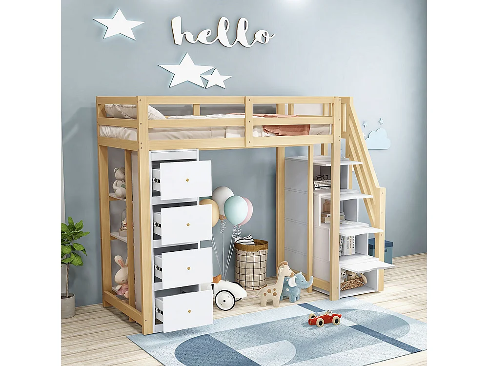 Lit mezzanine enfant 90x200 avec tiroir de rangement Commode avec étagères échelle à grimper de sécurité Couleur Bois
