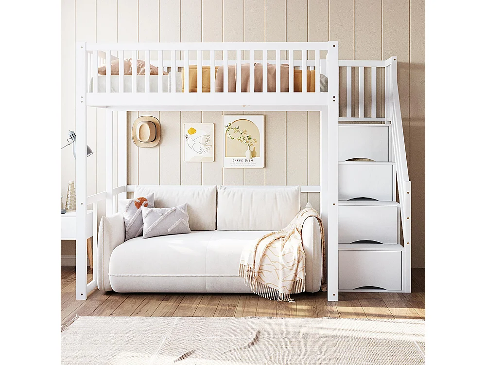 Lit mezzanine 140x200 avec échelle de sécurité bordure de sécurité cadre de lit en pin massif Blanc