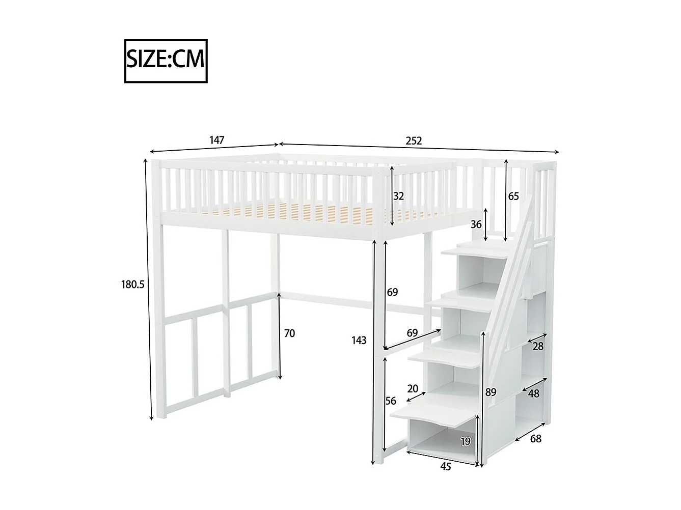 Lit mezzanine 140x200 avec échelle de sécurité bordure de sécurité cadre de lit en pin massif Blanc