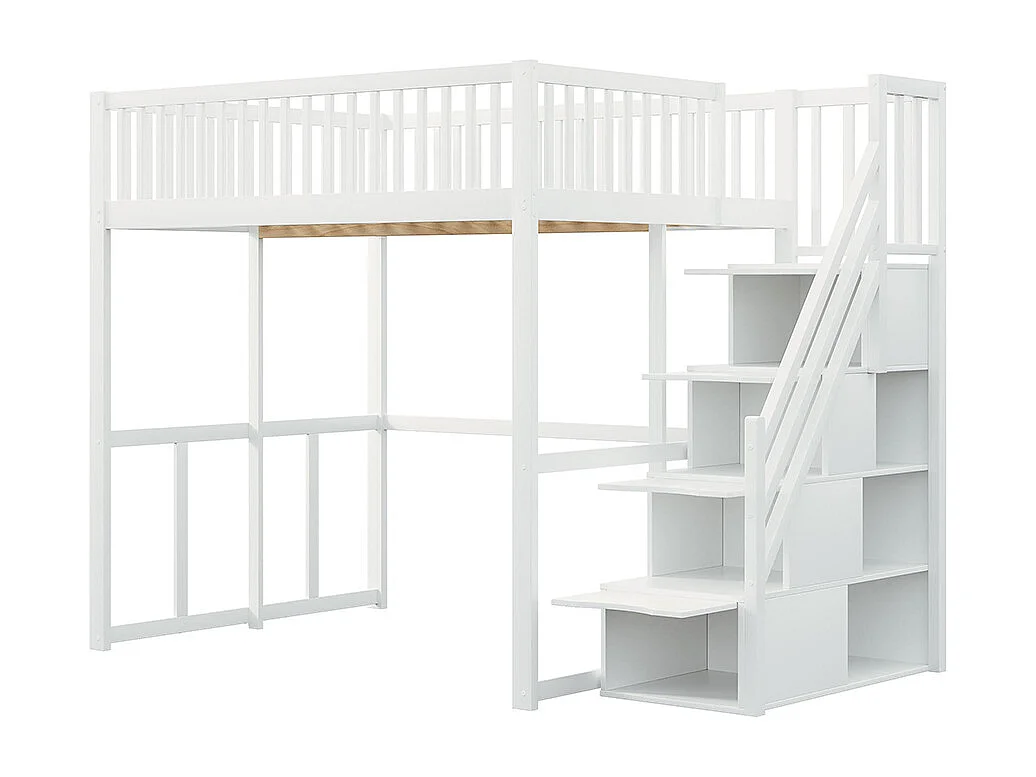 Lit mezzanine 140x200 avec échelle de sécurité bordure de sécurité cadre de lit en pin massif Blanc