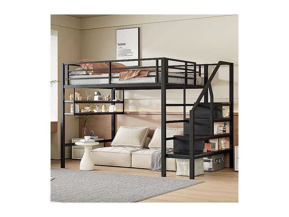 Lit mezzanine 140x200 étagères échelle de rangement pour habillage garde-corps sans matelas Noir