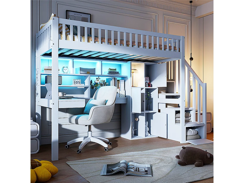 Lit mezzanine 90x200 éclairage d'ambiance télécommandé échelle de rangement étagères compartiments de rangement bureau Blanc
