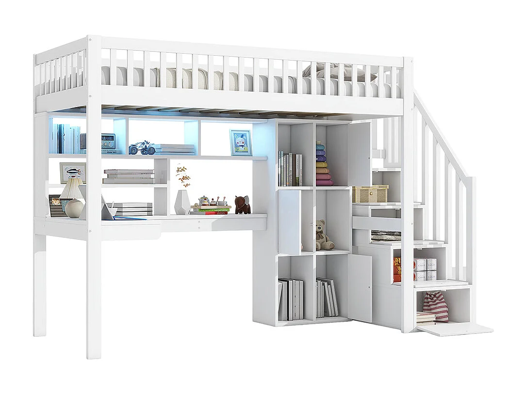 Lit mezzanine 90x200 éclairage d'ambiance télécommandé échelle de rangement étagères compartiments de rangement bureau Blanc