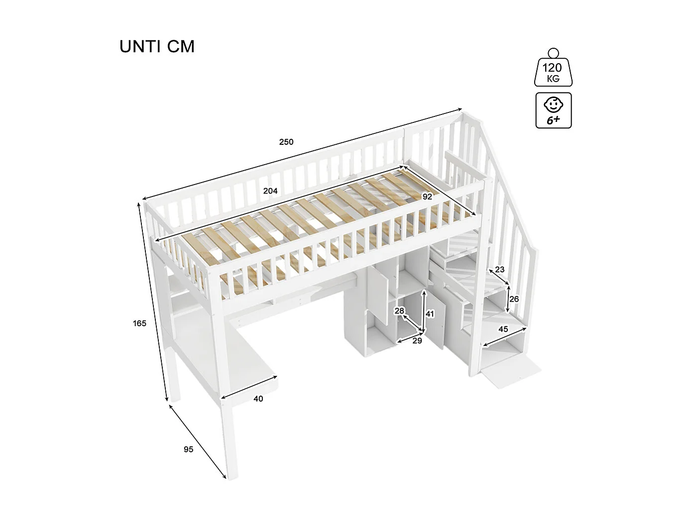 Lit mezzanine 90x200 éclairage d'ambiance télécommandé échelle de rangement étagères compartiments de rangement bureau Blanc