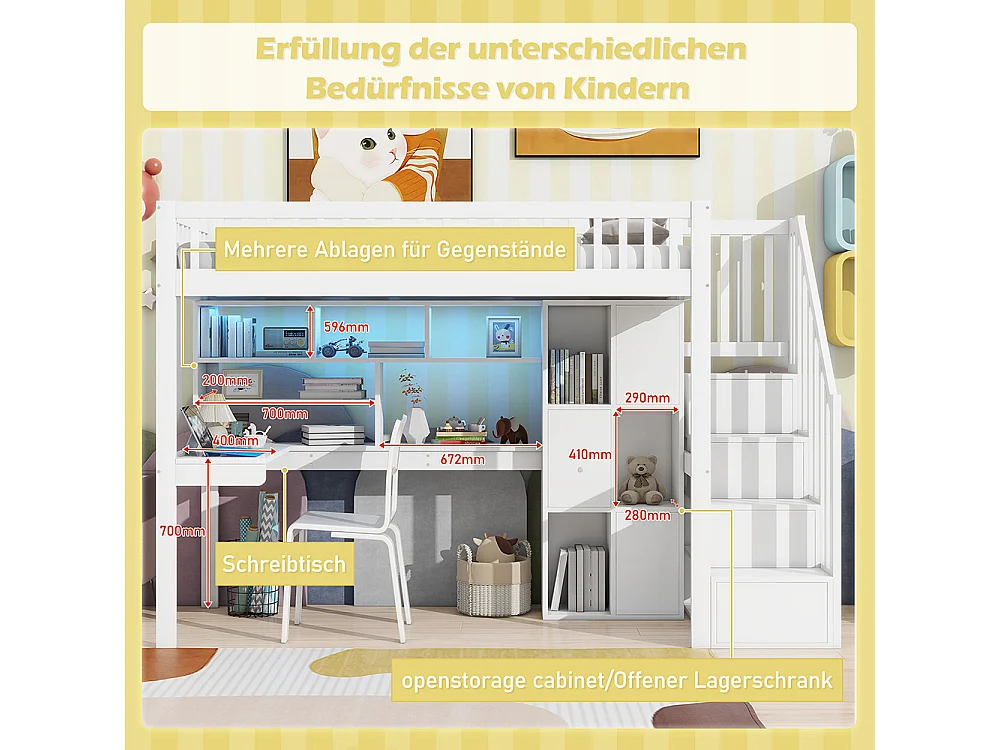 Lit mezzanine 90x200 éclairage d'ambiance télécommandé échelle de rangement étagères compartiments de rangement bureau Blanc