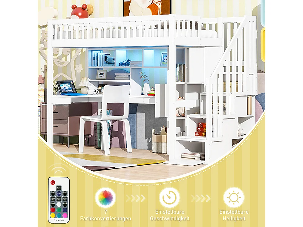 Lit mezzanine 90x200 éclairage d'ambiance télécommandé échelle de rangement étagères compartiments de rangement bureau Blanc