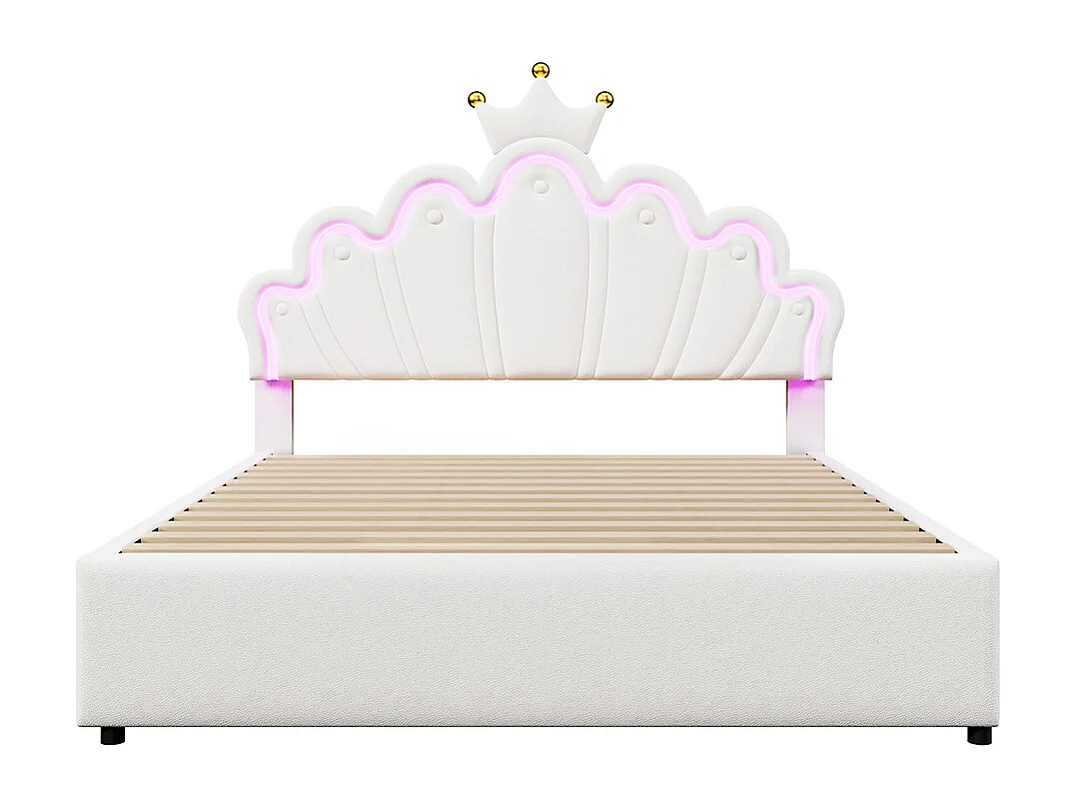 Lit de princesse Lit avec tiroir 140x200 éclairage dambiance télécommandé 2 tiroirs lit princesse en forme de couronne tête de lit réglable PU Blanc
