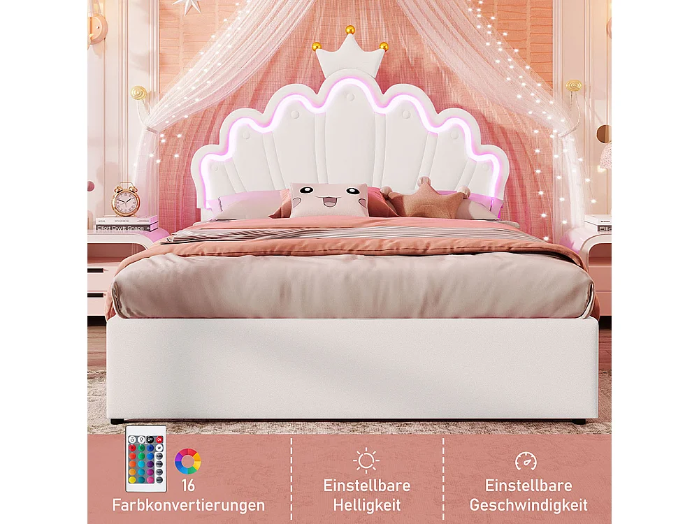Lit de princesse Lit avec tiroir 140x200 éclairage dambiance télécommandé 2 tiroirs lit princesse en forme de couronne tête de lit réglable PU Blanc