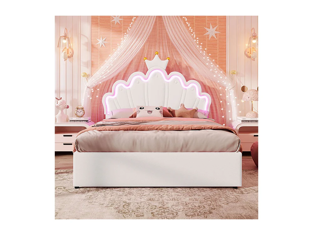 Lit de princesse Lit avec tiroir 140x200 éclairage dambiance télécommandé 2 tiroirs lit princesse en forme de couronne tête de lit réglable PU Blanc