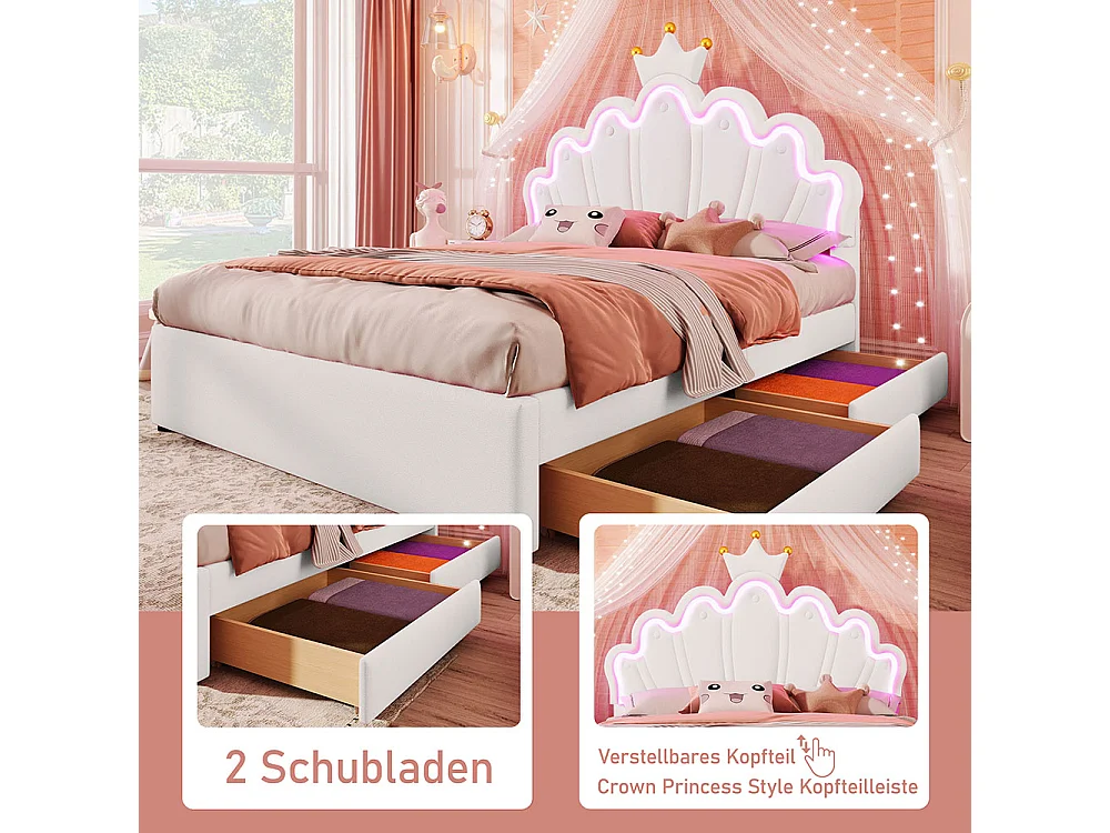 Lit de princesse Lit avec tiroir 140x200 éclairage dambiance télécommandé 2 tiroirs lit princesse en forme de couronne tête de lit réglable PU Blanc