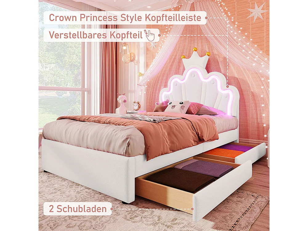 Lit de princesse Lit avec tiroir 90x200 éclairage dambiance télécommandé 2 tiroirs lit princesse en forme de couronne tête de lit réglable PU Blanc