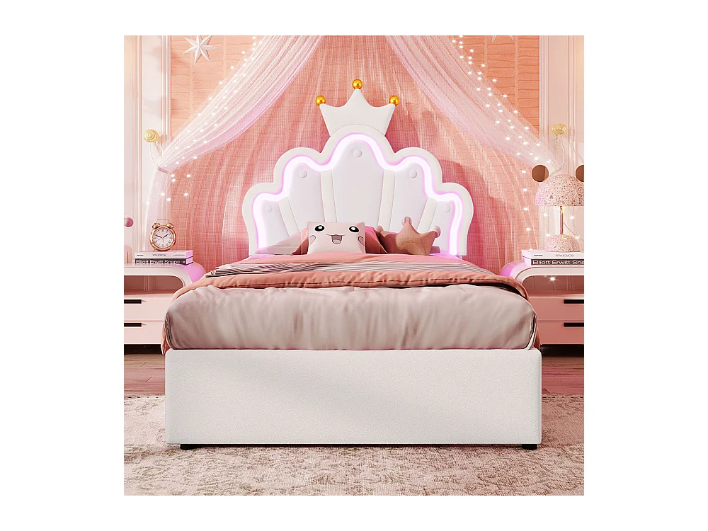 Lit de princesse Lit avec tiroir 90x200 éclairage dambiance télécommandé 2 tiroirs lit princesse en forme de couronne tête de lit réglable PU Blanc