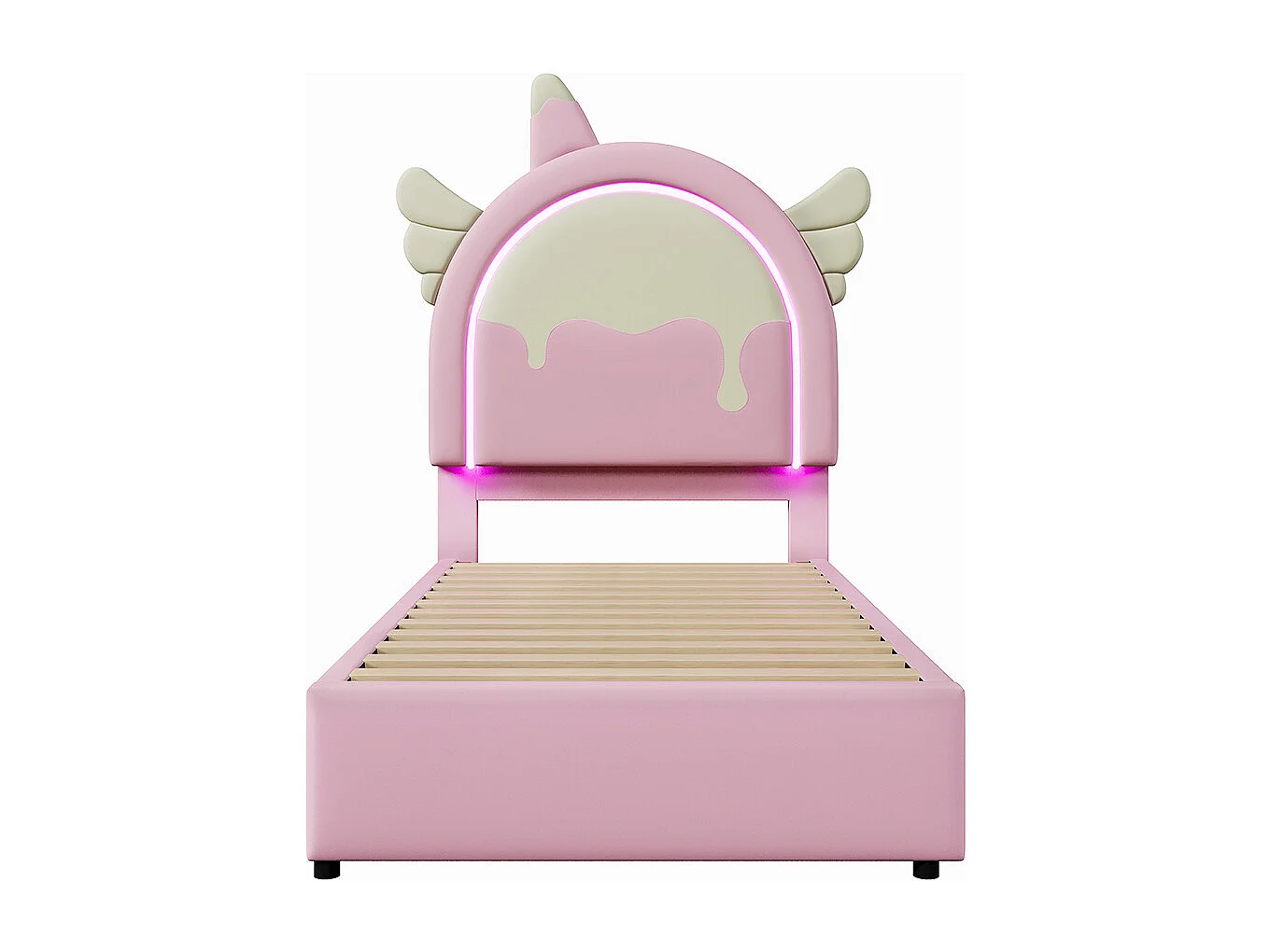 Lit de princesse Lit avec tiroir 90x200 sans matelas avec bande lumineuse lit avec 2 tiroirs forme licorne PU Rose