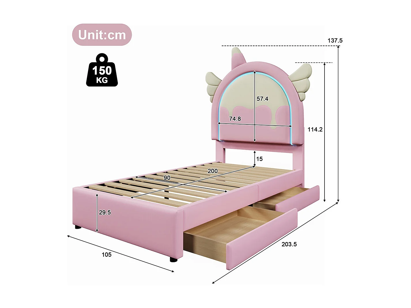 Lit de princesse Lit avec tiroir 90x200 sans matelas avec bande lumineuse lit avec 2 tiroirs forme licorne PU Rose