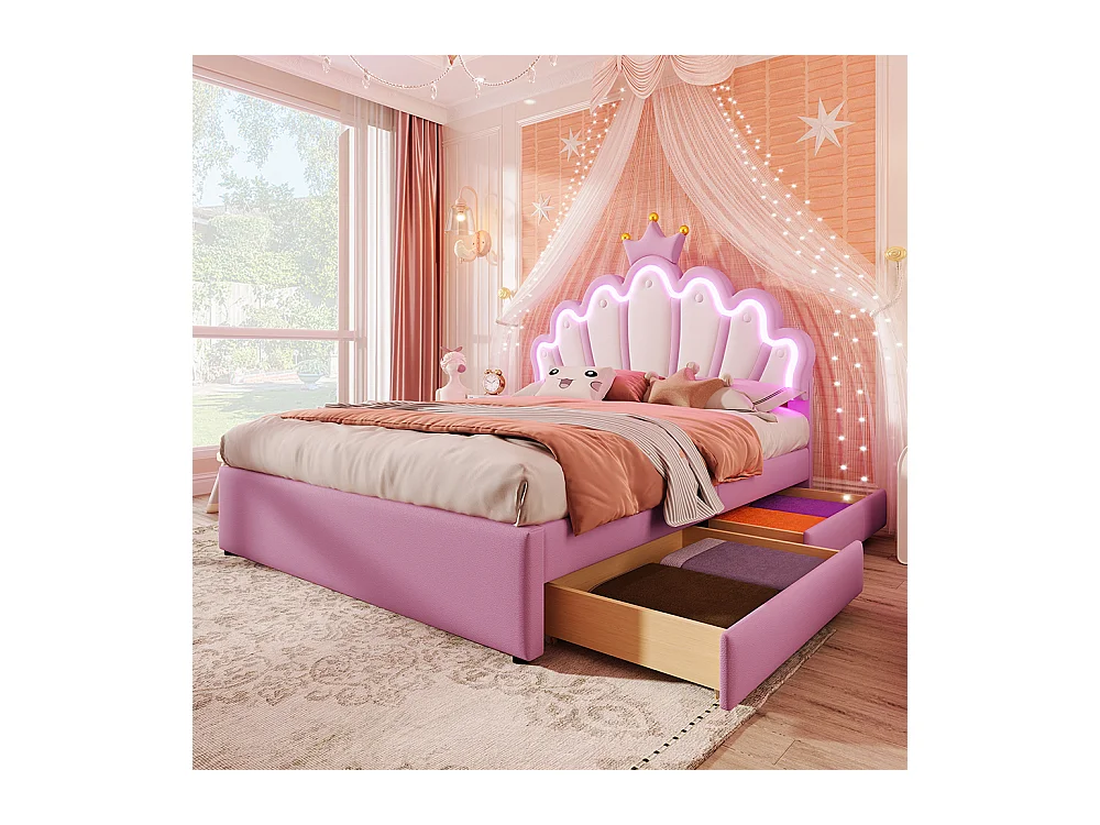 Lit de princesse Lit avec tiroir 140x200 éclairage dambiance télécommandé 2 tiroirs lit princesse en forme de couronne tête de lit réglable PU Rose