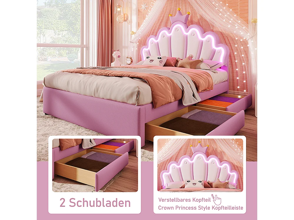 Lit de princesse Lit avec tiroir 140x200 éclairage dambiance télécommandé 2 tiroirs lit princesse en forme de couronne tête de lit réglable PU Rose